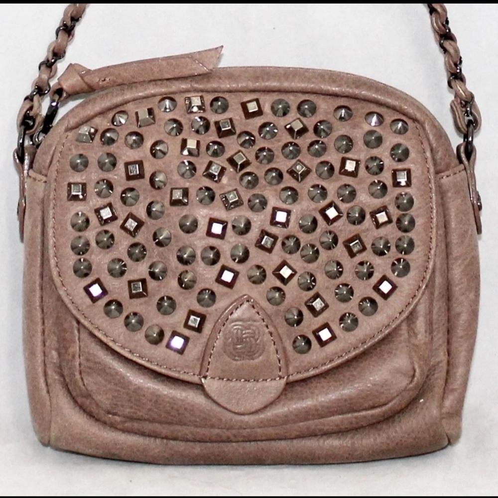ELLIOTT LUCCA Small Brown Leather Studded Zip Top Crossbody Swing Bag